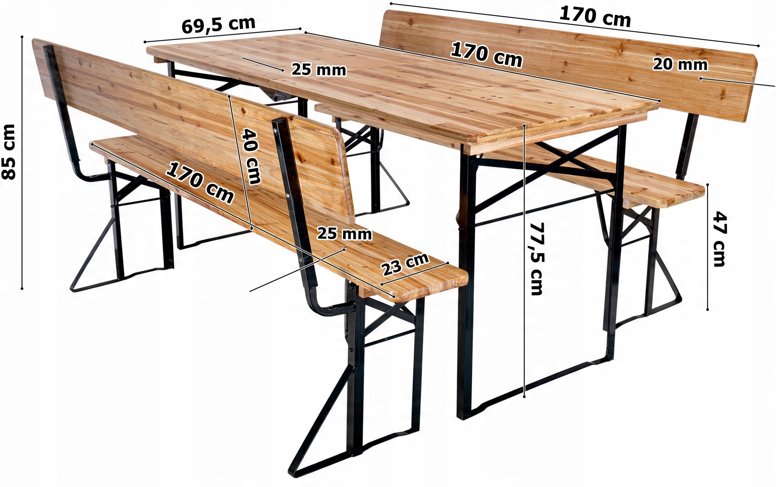 Zestaw ogrodowy stalowo-drewniany PORTER 170 cm stół+ 2 ławki - obrazek 5
