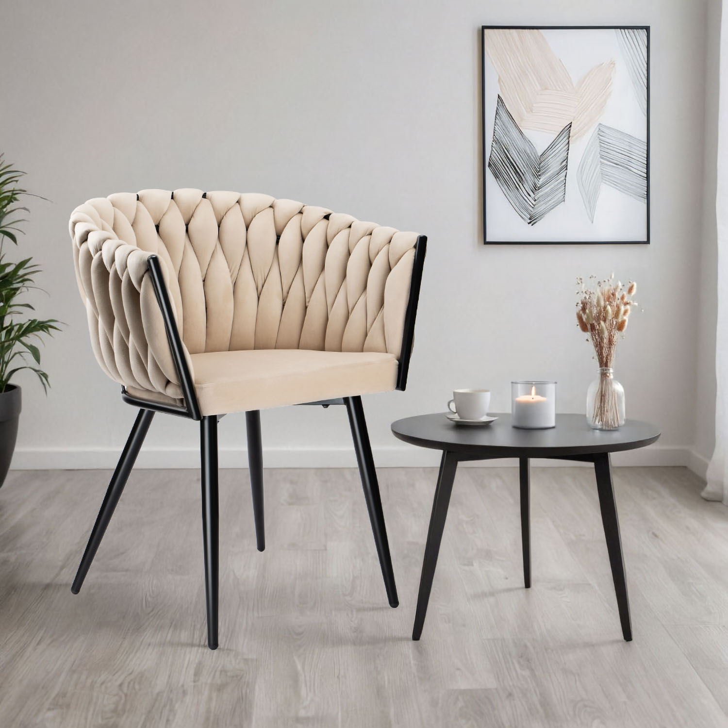 Krzesło welurowe plecione COFTON BLACK VELVET beżowe - obrazek 2